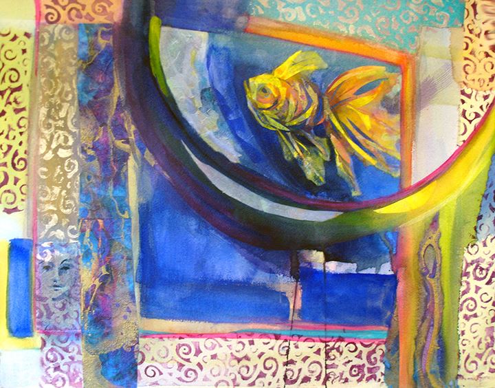 Mixed media watermedia painting by Diana Marta, abstract patterns and shapes surrounding a goldfish in blue, yellow, and orange.