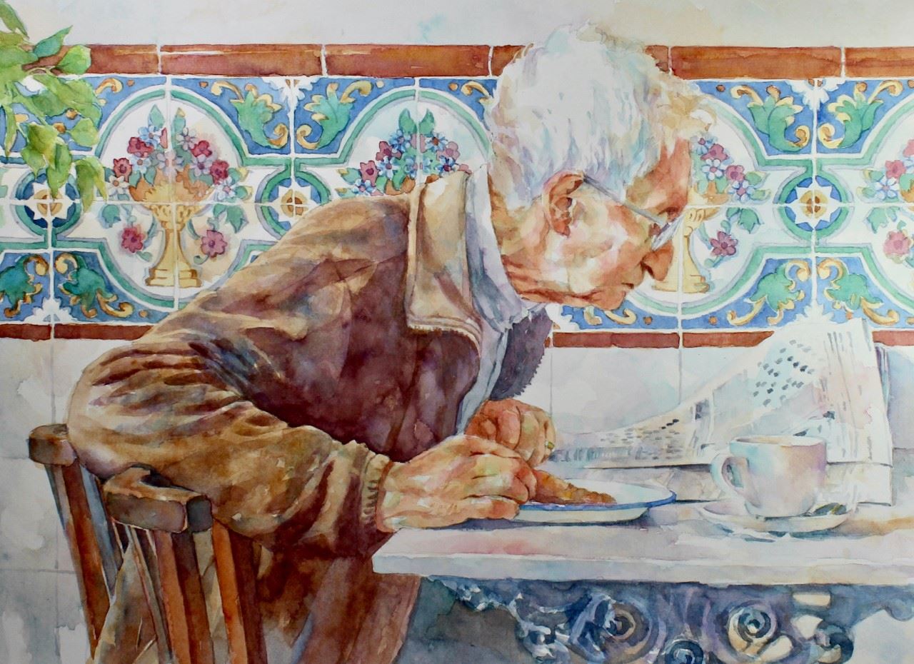 Watermedia painting by Pam Wenger, a white haired man sitting at a breakfast table, eating and reading the newspaper, framed by a decorative tile pattern on the wall behind him.