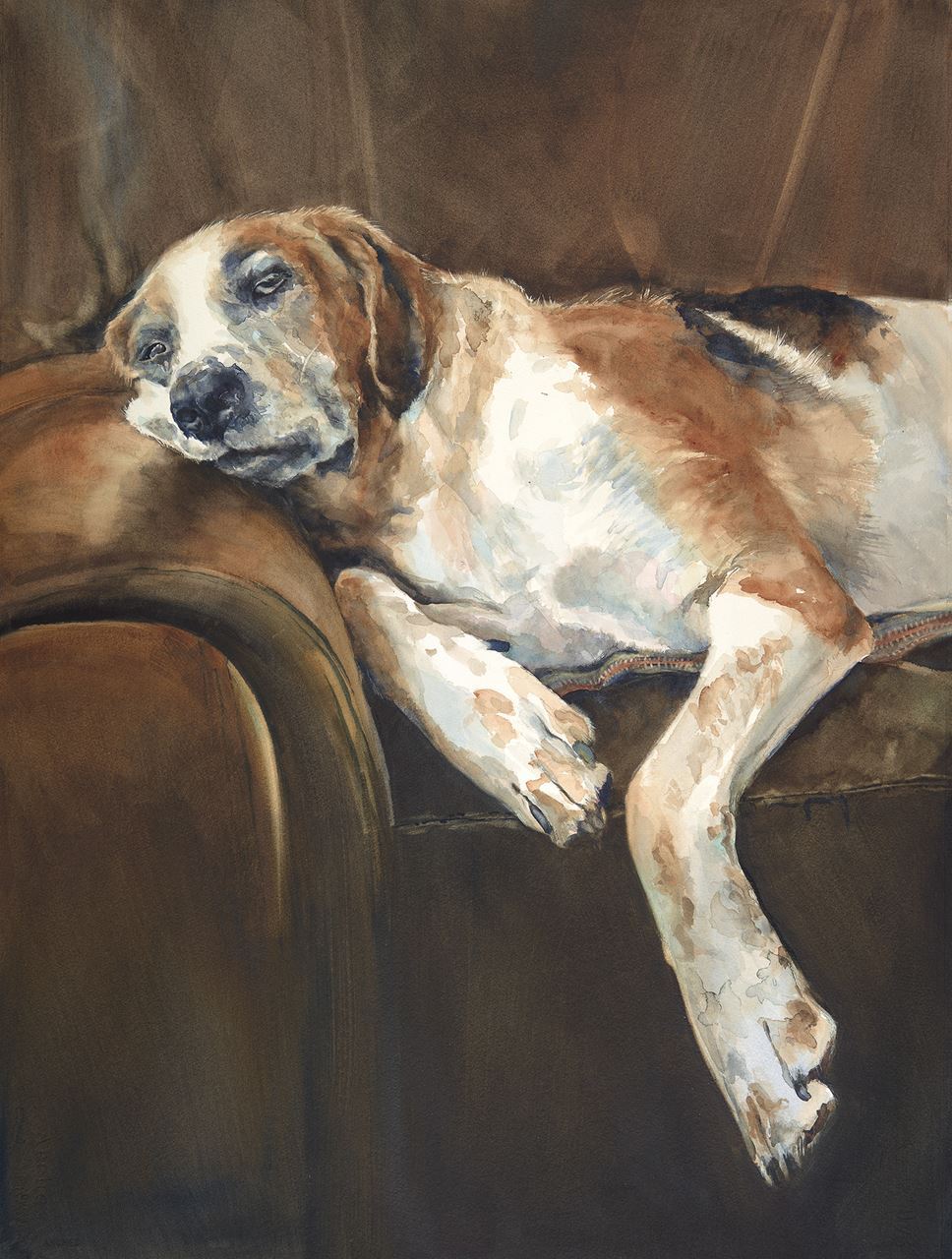 Somebody Bring me a Biscuit, watermedia painting by S. Lund Levy, a hound dog sleeping on a sofa in shades of brown