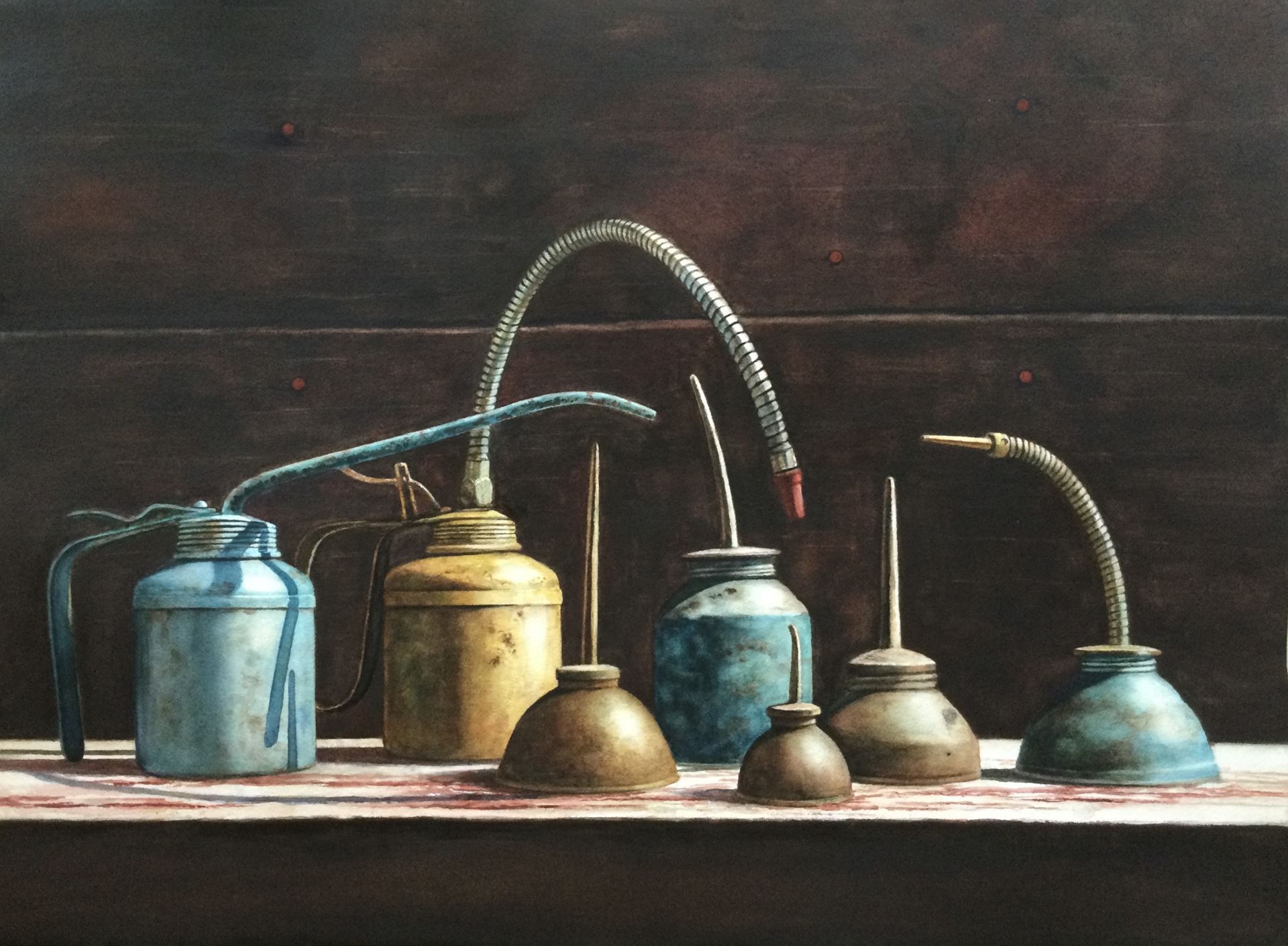 Watermedia painting by K. Norman, still life of oil cans.