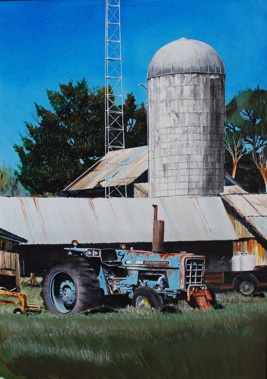 Painting in watercolor of a farm scene with silo and tractor